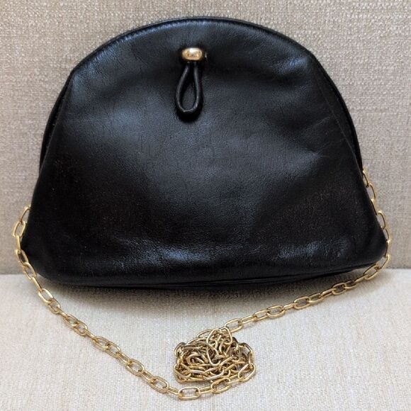 Elegant Vintage Rosenfeld Black Leather Shoulder Bag Gold Chain Link Strap - Picture 9 of 9